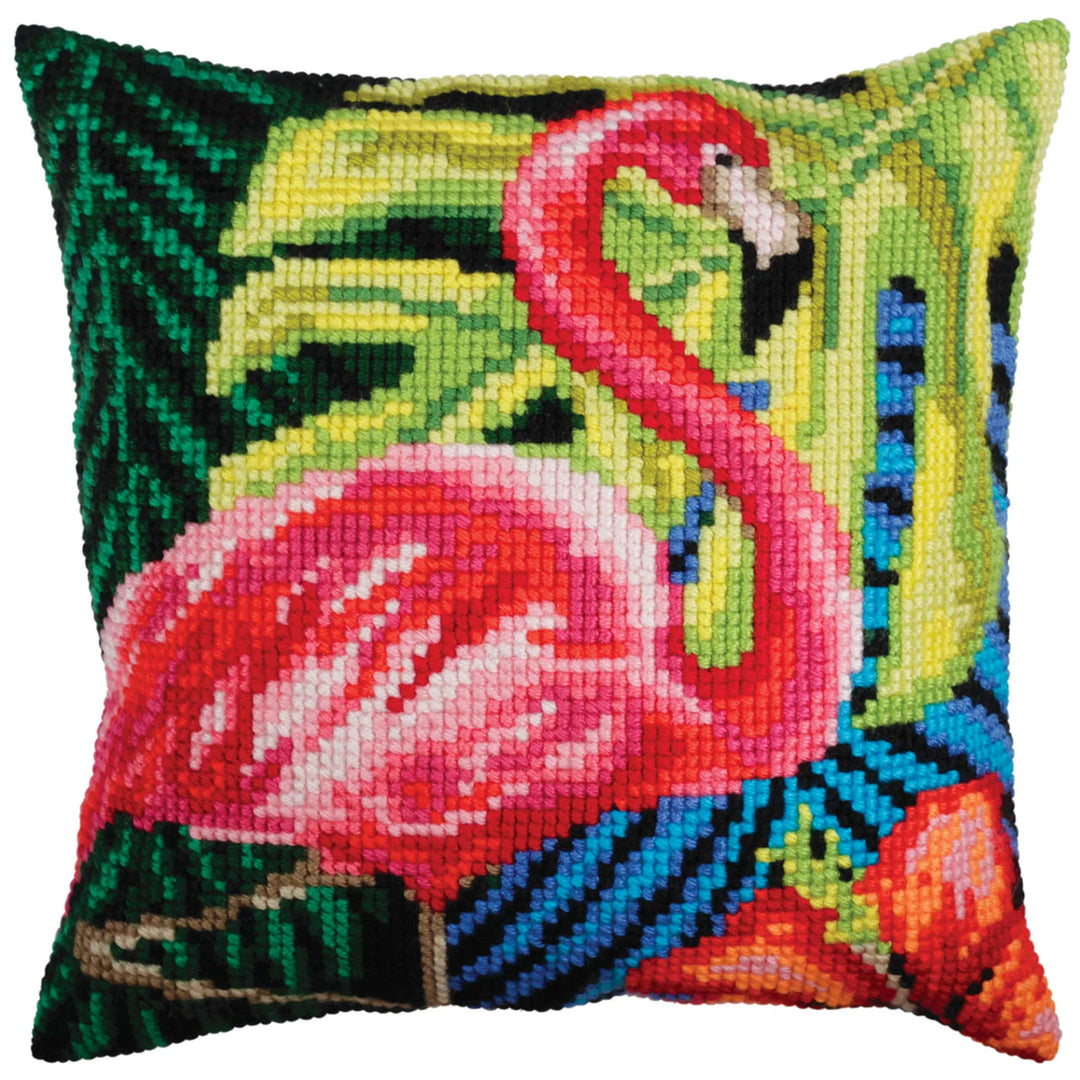 Collection d'Art 5361 Rosa Flamingo Kreuzstichkissen, Baumwolle, Mehrfarbig, 40x40cm, Flamingo