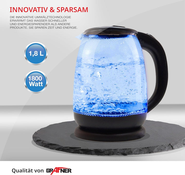 Grafner Design Glas Wasserkocher 1,8 Liter, 1800 Watt, mit blauer LED Beleuchtung, Trockenlaufschutz