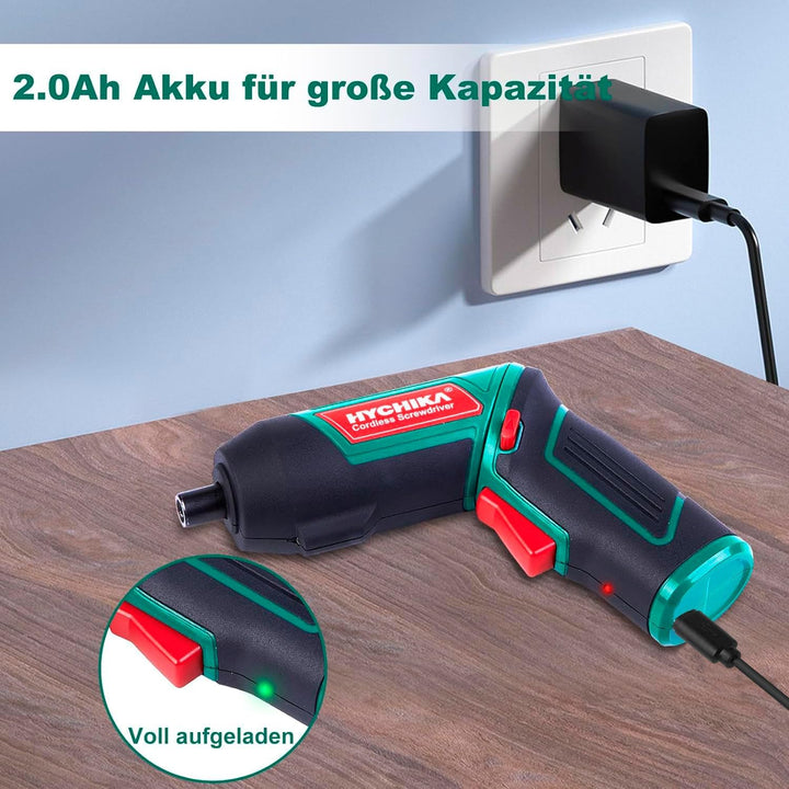 HYCHIKA Akkuschrauber, Cordless Screwdriver 6N·m Drehmoment und 2000mAh Akku 3,6V mit 20 Zubehörteil