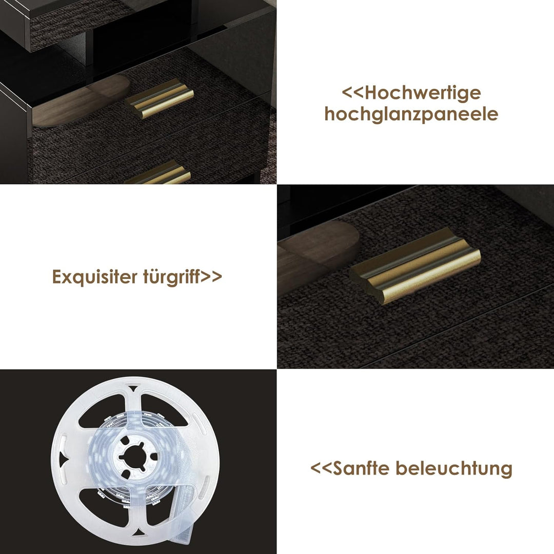 PIPIPOXER Nachttisch mit LED Licht,Beistelltisch aus Hochganlz mit Steckdose und USB Anschlüsse in S