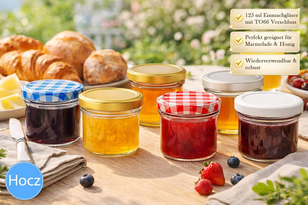 hocz 25x Marmeladengläser 125 ml Set | Deckel Blau Kariert TO 66 | mit Etiketten NZ | Einmachgläser