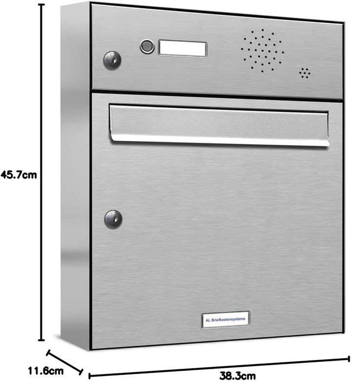 AL Briefkastensysteme 1er Briefkasten mit Klingel V2A Edelstahl, Premium Briefkasten DIN A4, 1-Fach