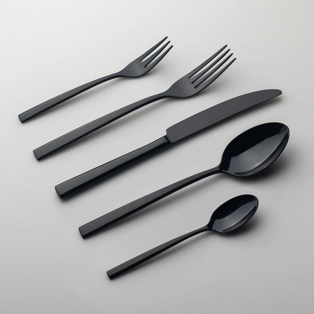 Alata Konrad 18/10 Edelstahl Poliert Schwarz Besteck Set 12 Personen, Essbesteck 60 teilig, Monobloc