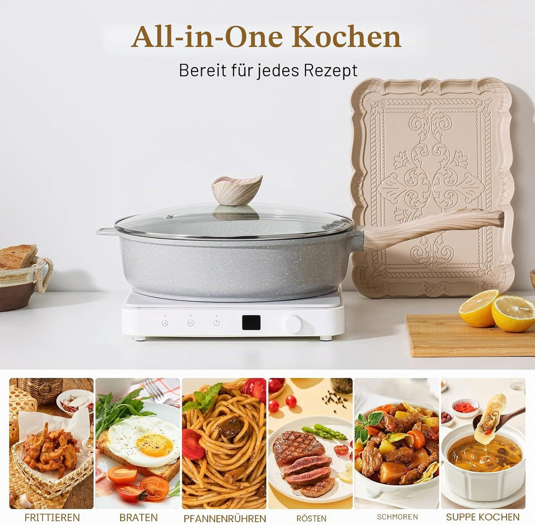 Kordisen Keramik Bratpfanne 28 cm Induktion, Antihaft Tiefe pfanne mit Deckel, Gesunde Stein Kochges