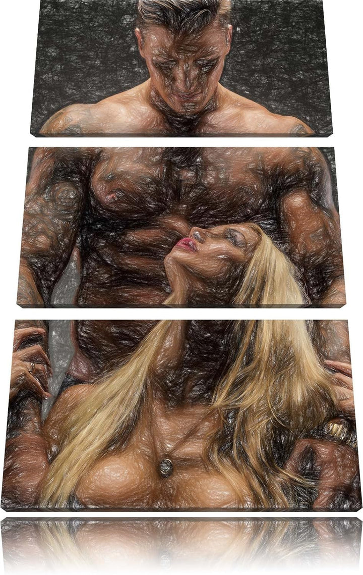 Pixxprint Sexy Frau mit tätowiertem Mann / 3-Teilig/Gesamtmass 120cm Leinwandbild bespannt auf Holzr