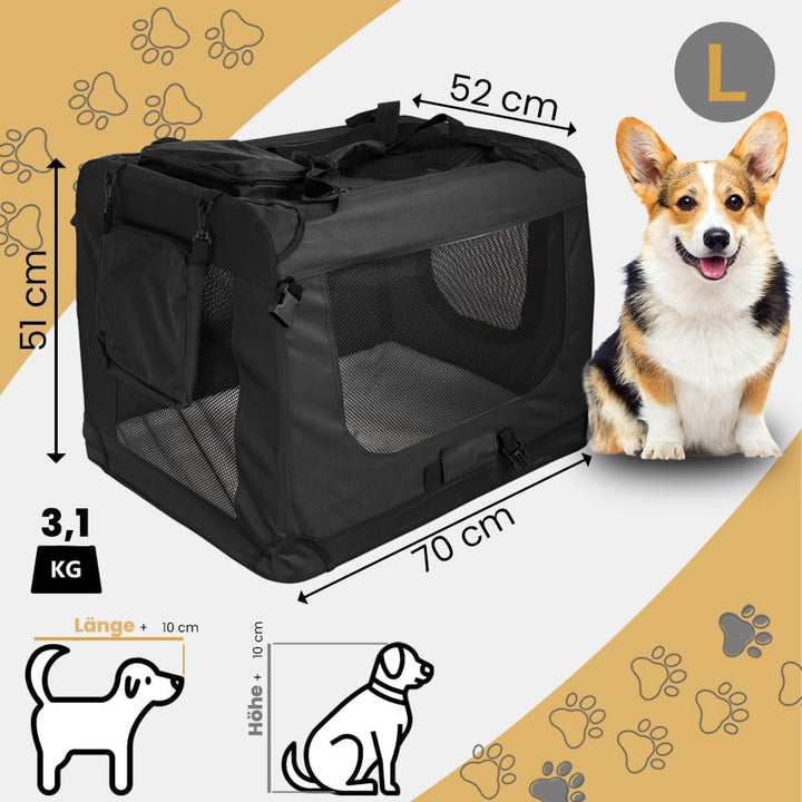 Faltbare Hundebox Transporttasche Transportbox für Hunde Auto Petigi | Schwarz, L - 70 x 52 x 51 cm,