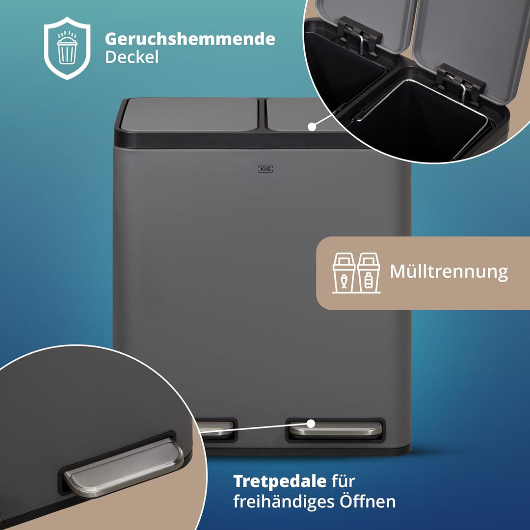 KHG Mülleimer 30 Liter (2x15L) Grau mit Tretfunktion - Abfalleimer zur Mülltrennung mit 2 separaten
