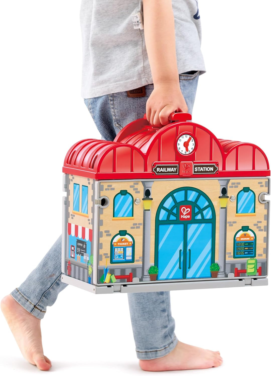 Hape Tragbares Bahnhof-Set aus Holz, Züge für Kinder, Schienen, Bahnhof und Figuren, leicht zu trage