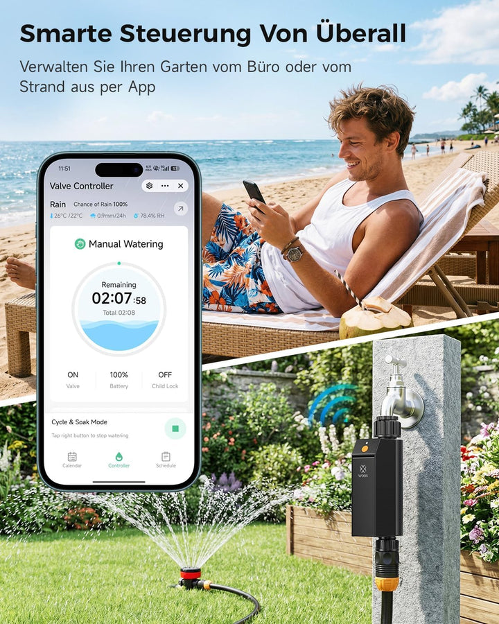 WOOX Smart WLAN Bewässerungscomputer, Kein Hub Erforderlich 2,4GHz Bewässerungsuhr, App/Sprachsteuer