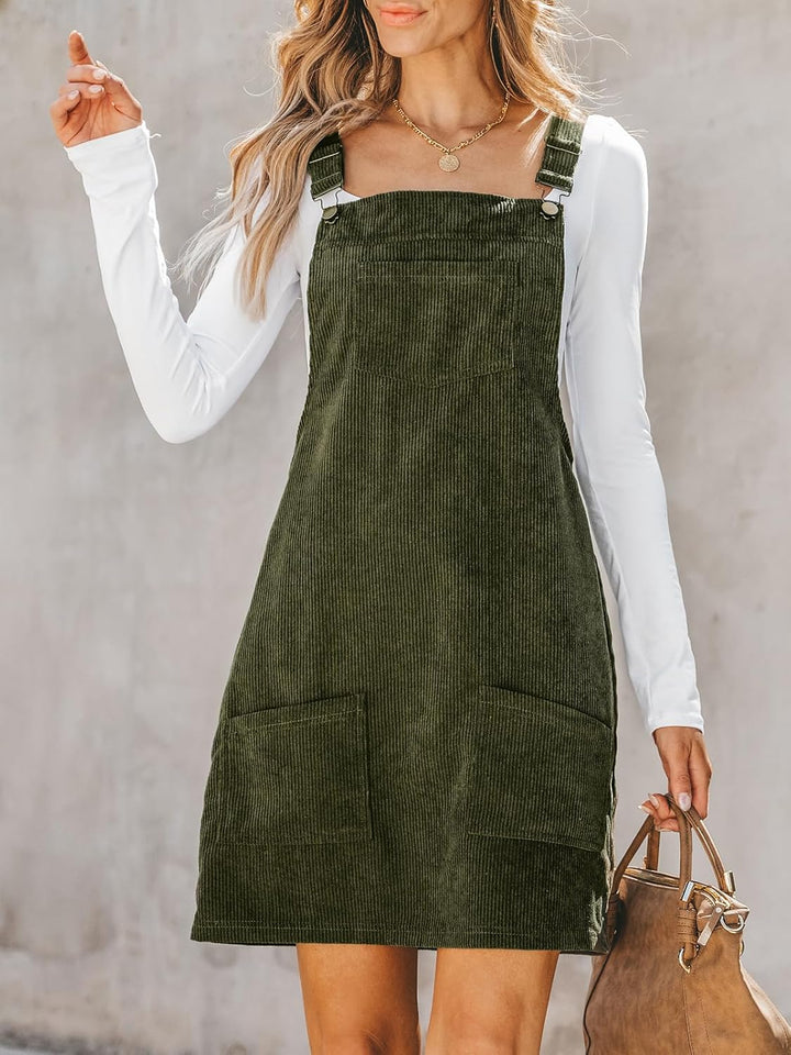 CUPSHE Damen Latzrock Quadratischer Ausschnitt Hosenträger Taschen Cord Latzkleid Overallkleid Freiz