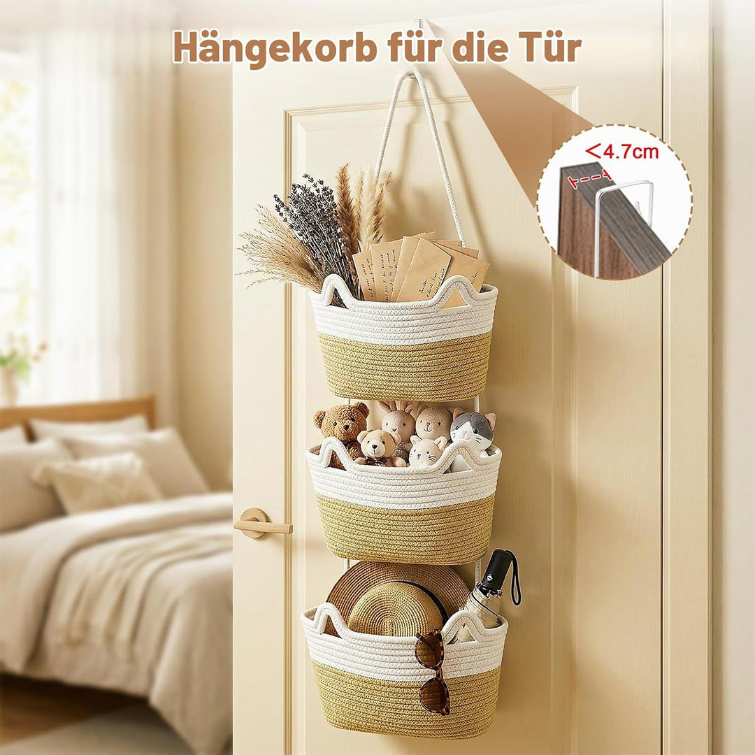 Yiomxhi 3 Stöckig Hängender Organizer Wand Hängekorb, Baumwollseil Hängeorganizer Tür Wandkorb mit 4