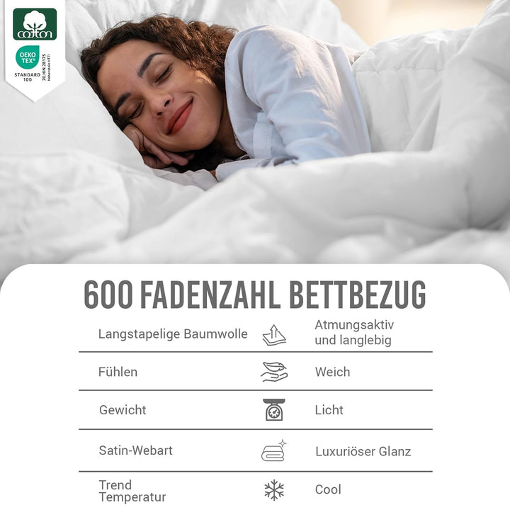 Pizuna 600 Fadenzahl aus Baumwolle Bettwäsche Weiss, 100% Langstaple Baumwolle Bettbezug und Kissenb