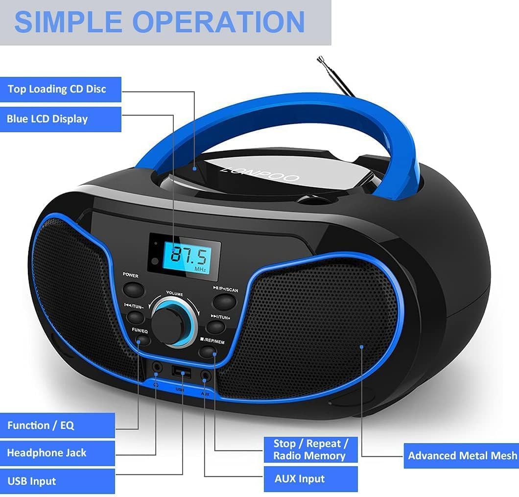 Tragbares CD-Radio - Kinder CD-Player Boombox mit USB-Eingang | AUX-Eingang | Kopfhöreranschluss | U