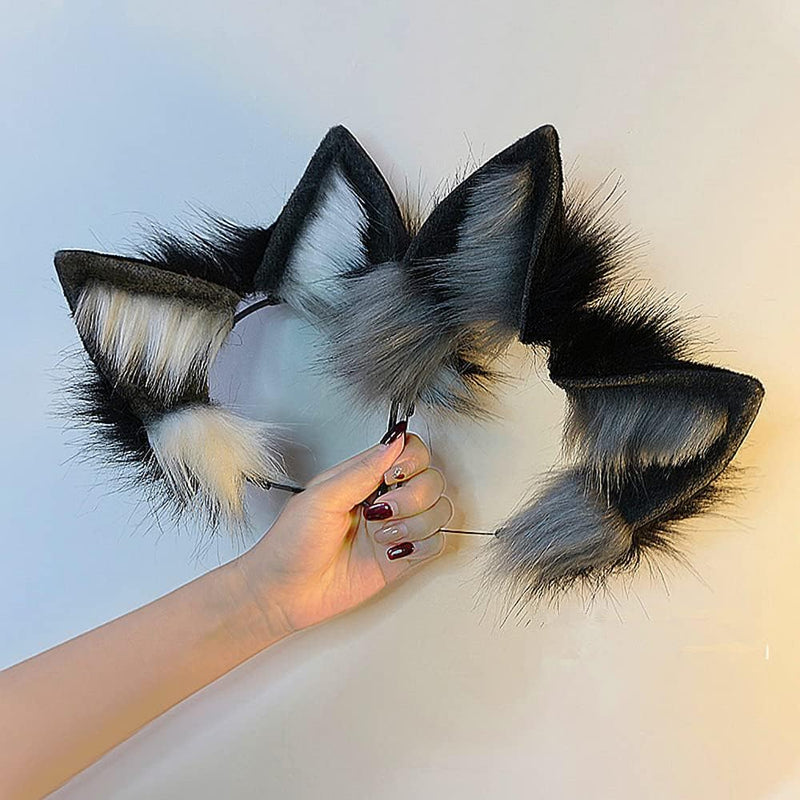 VIGVAN Handgemachte Wolf Fuchs Ohren Cosplay Kopf Zubehör Kawaii Haarband (Wolf Schwarz Grau), Wolf