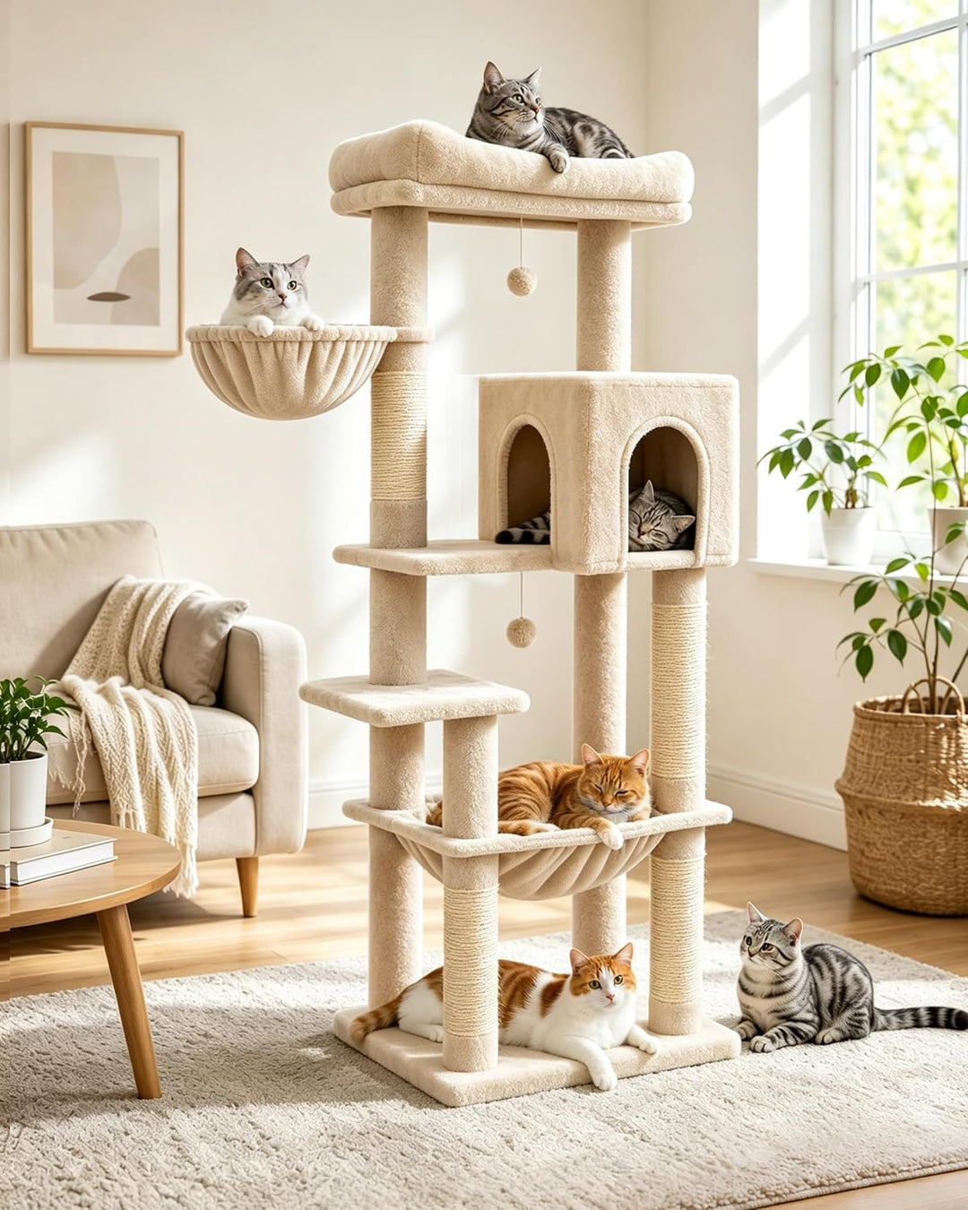 Kratzbaum Gross, XXL Katzenbaum Holz, 148cm Hoch mit Grosse Plattformen, Kratzsäulen, Höhle, Korb, P