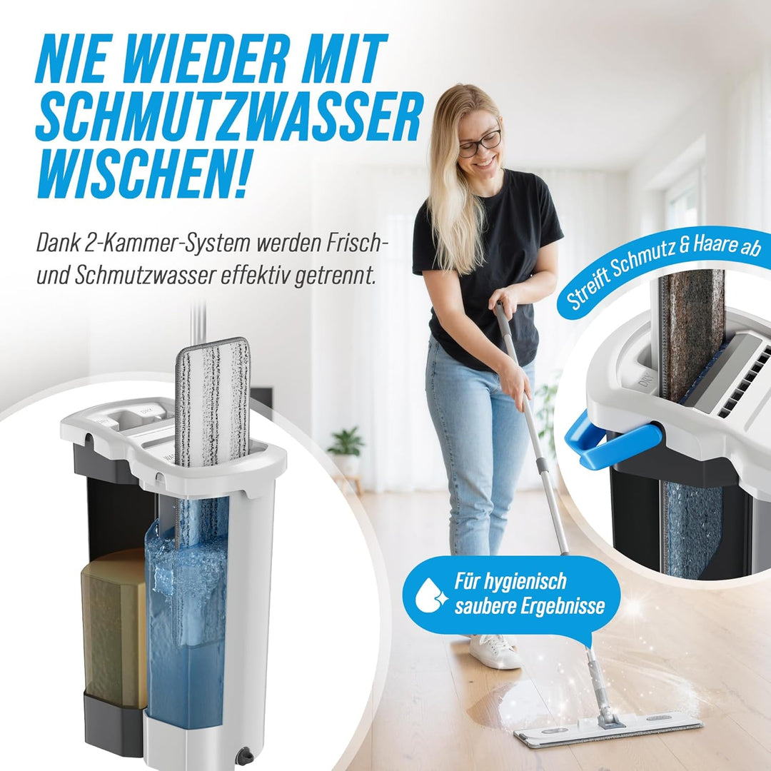 XL Wischmopp Set mit Eimer, 2-Kammer-System [Trennbarer Putzeimer], Flacher Bodenwischer, 133–166 cm