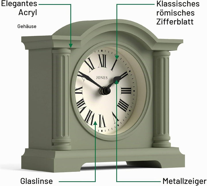 JONES CLOCKS® Kensington Kaminuhr | Klassische Uhr mit gewölbtem Oberteil | Salbeigrün | Stilvoll &amp;
