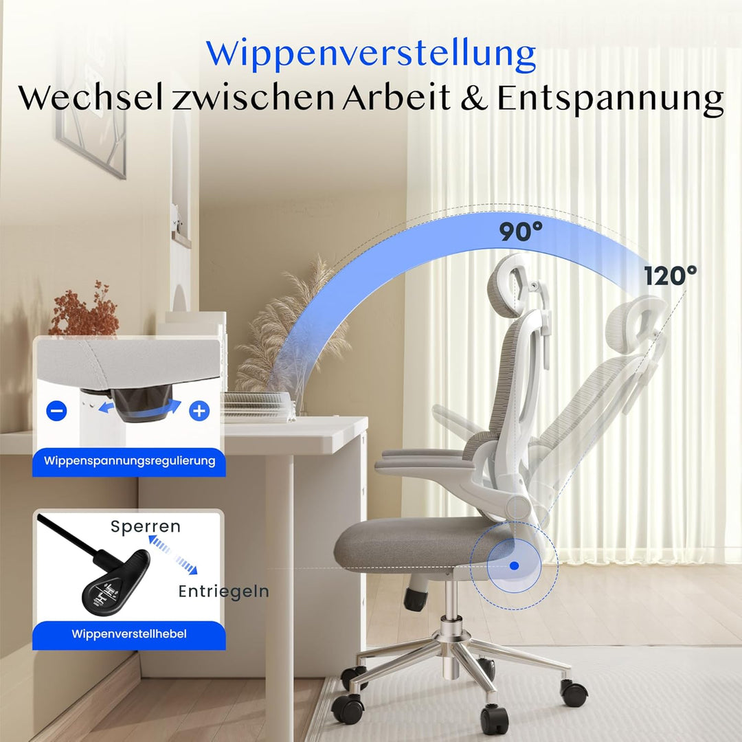 FLEXISPOT Ergonomischer Bürostuhl, Schreibtischstuhl mit 2D-Kopfstütze, Klappbare Armlehnen & Dynami