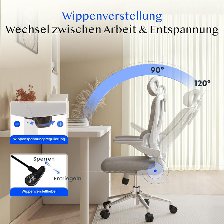 FLEXISPOT Ergonomischer Bürostuhl, Schreibtischstuhl mit 2D-Kopfstütze, Klappbare Armlehnen & Dynami