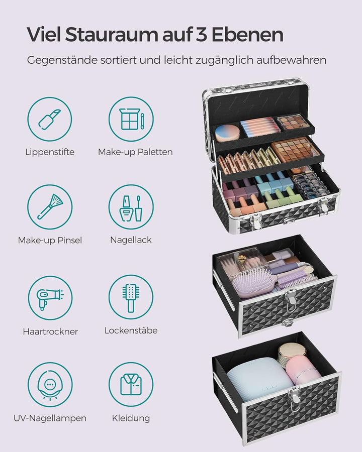 SONGMICS Kosmetikkoffer Trolley, professioneller Schminkkoffer, Friseurkoffer mit 4 abnehmbaren Univ
