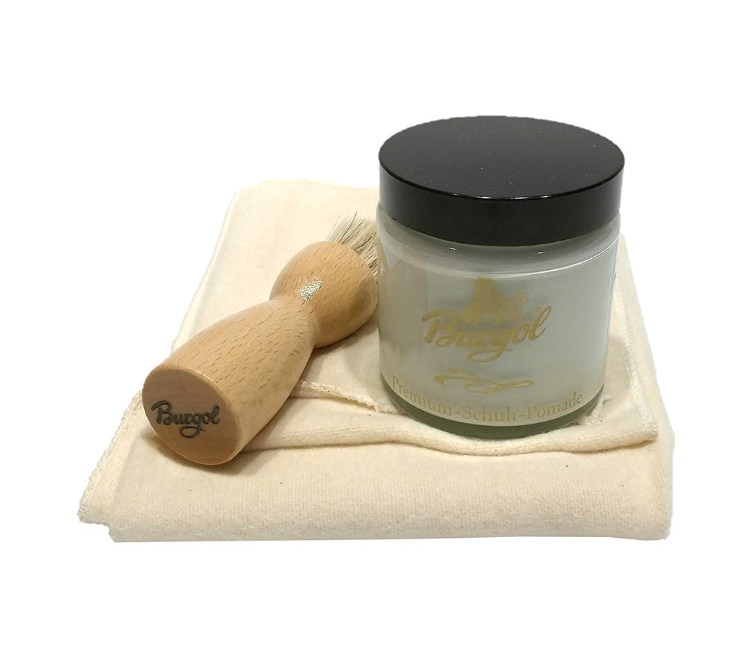 Schuhpflegeset mit Burgol - Schuhpomade Deckweiss Tiegelbürste zum Auftragen und Baumwolltuch