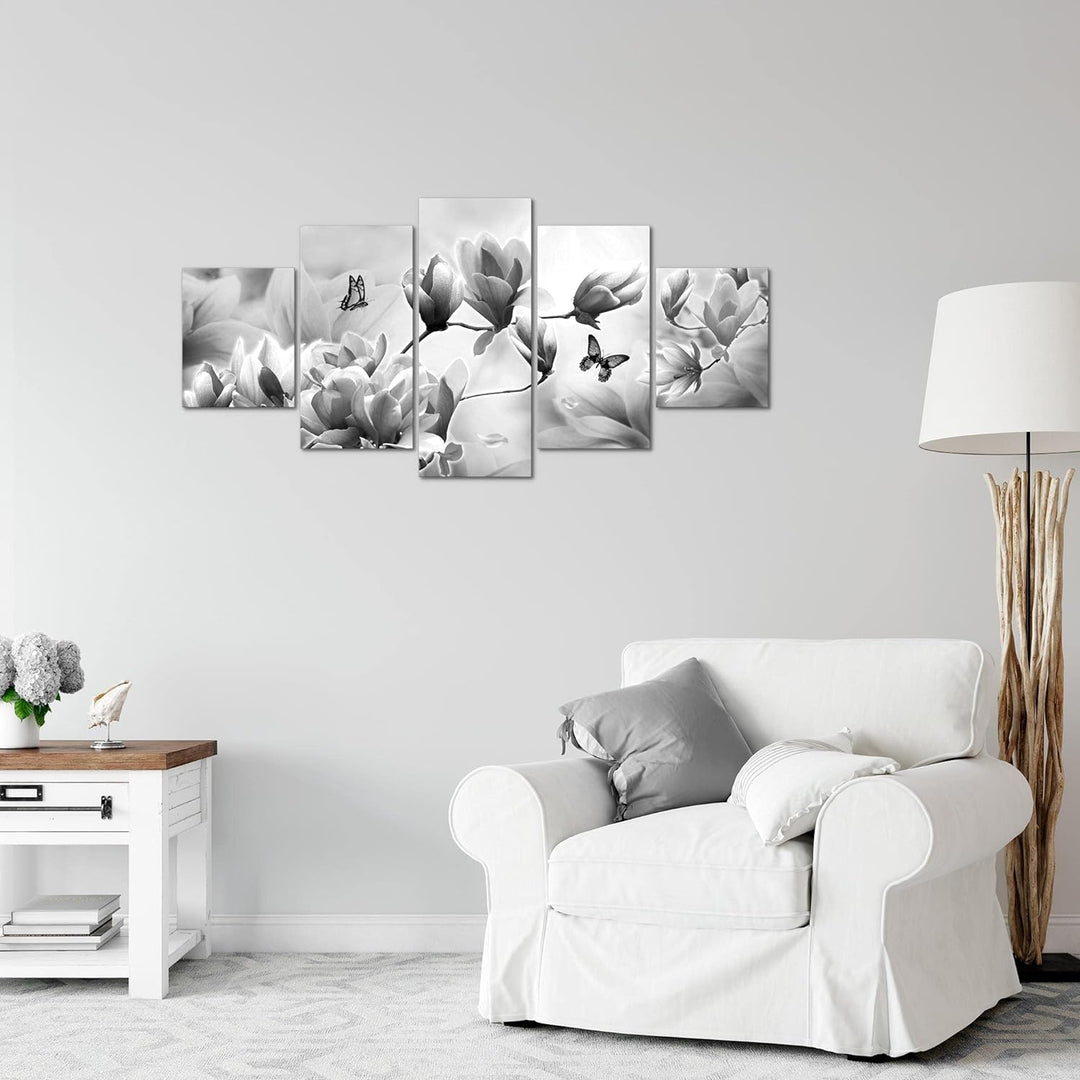 Runa Art Wandbilder Blumen Magnolien 5 Teilig Bild auf Vlies Leinwand Deko Wohnzimmer Schmetterling