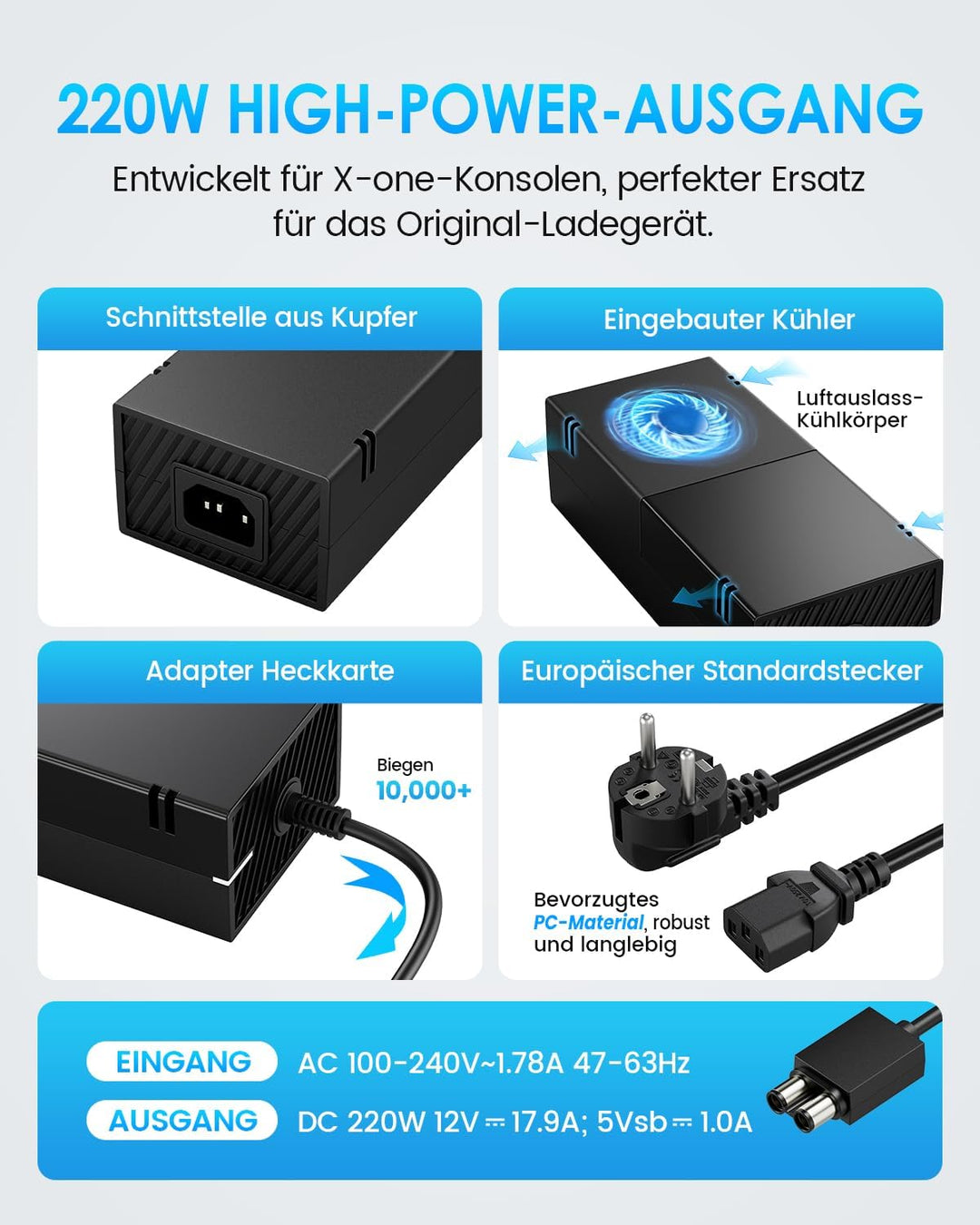 220W Netzteil Ladekabel für Xbox One Konsole, 100-240V AC Adapter Ersatz mit EU-Stecker, Stromversor