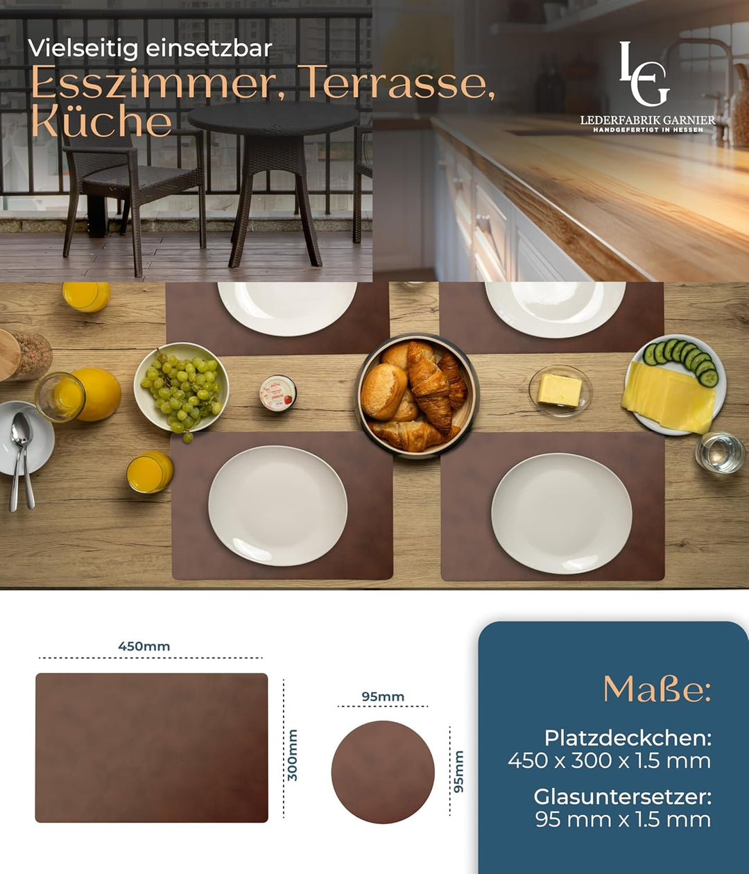 Lederfabrik Garnier® Platzsets und Untersetzer 4er Set, abwaschbar, echtes recyceltes Leder, Tischse