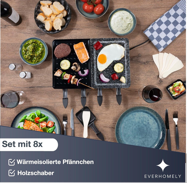 8 Personen Set Raclette - Mit Grillplatte & Steinplatte Funktion - Tischgrill inkl. Pfännchen & Scha