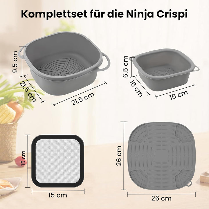 Airfryer Zubehör für Ninja CRISPi FN101EU: Komplett-Set mit 2x Silikonform + 1x Edelstahl Spritzschu