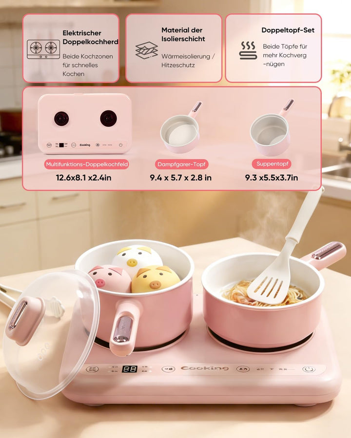 Elektrischer Hot Pot Doppelkochfeld Mini Multicooker – Elektro Kochtopf mit Dampfgarer & Suppentopf,