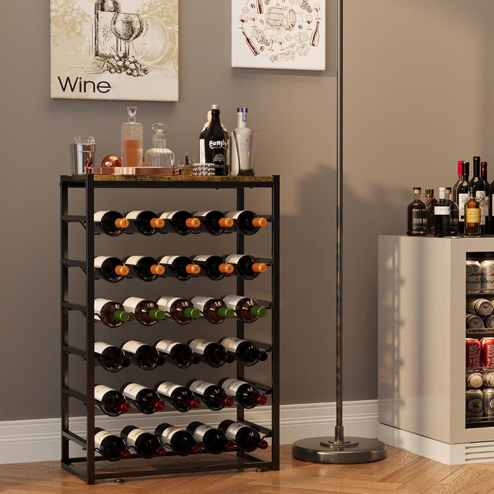 Urban Deco Weinregal für 30 Flaschen, Flaschenregal Stehend mit Holz Tischplatte, Weinregal Metall S