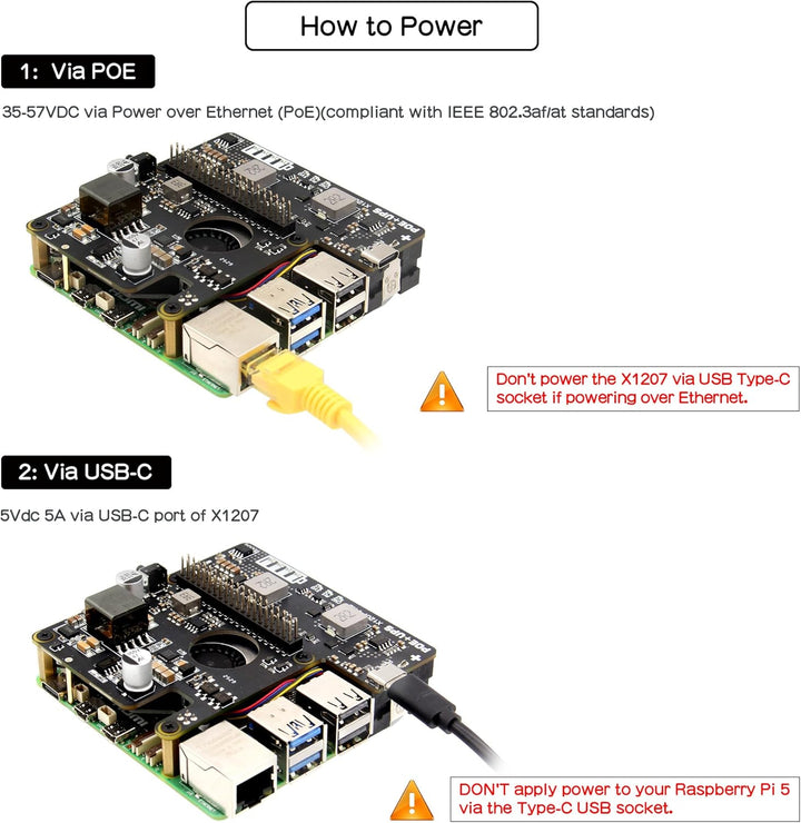 Geekworm X1207 2-in-1 PoE+ & UPS HAT for Raspberry Pi 5 (2/4/8/16GB), IEEE 802.3at 5V 5A Output, Sup