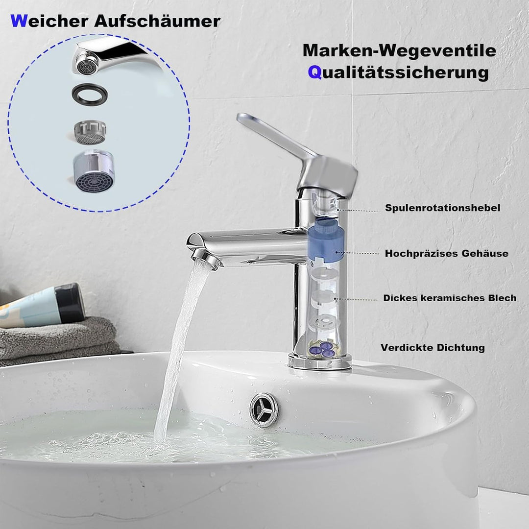 Waschtisch- und Badezimmerarmaturen aus Edelstahl, warm und kalt, mit geräuschloser Wassereinsparung
