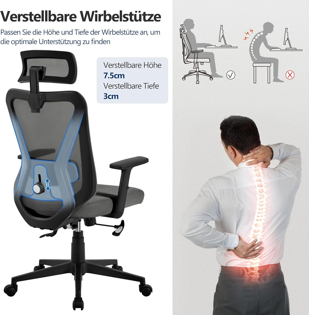 Yaheetech Bürostuhl Ergonomisch, Schreibtischstuhl mit Verstellbarer Kopfstütze, Armlehnen, Lendenwi
