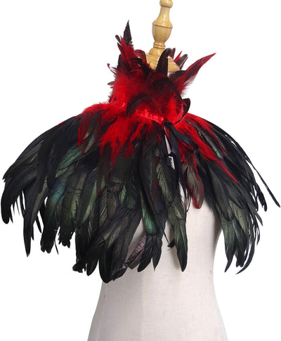 keland Schwarzer Gothic Victorian natürlicher Feder-Kap-Schal-Stola Poncho mit-Kragen Rot, Rot