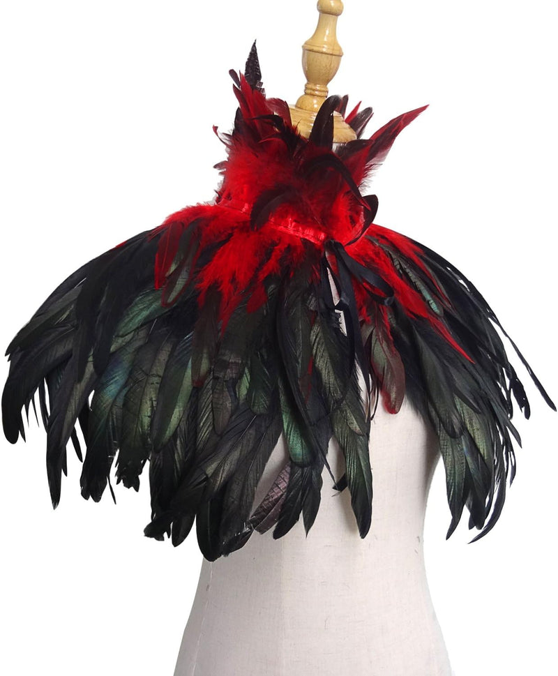 keland Schwarzer Gothic Victorian natürlicher Feder-Kap-Schal-Stola Poncho mit-Kragen Rot, Rot