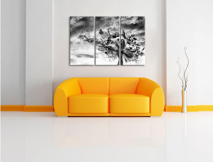 Pixxprint Ballerina im Kleid / 3-Teilig/Gesamtmass 120cm Leinwandbild bespannt auf Holzrahmen/Wandbi