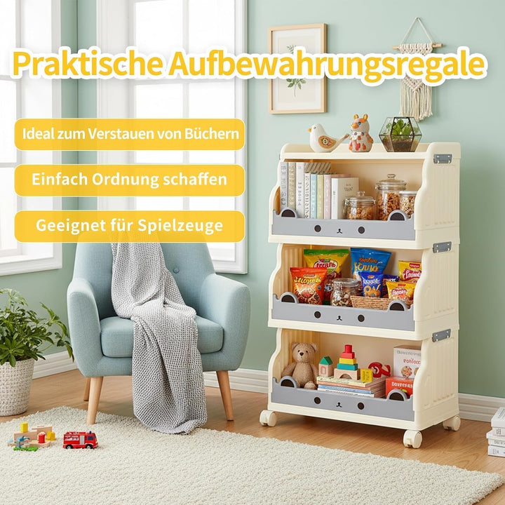 Mobiles Bücherregal Kinder mit Rollen 4 Ebenen Faltbar | Kinderregal Bücherwagen Spielzeug Regal Kin