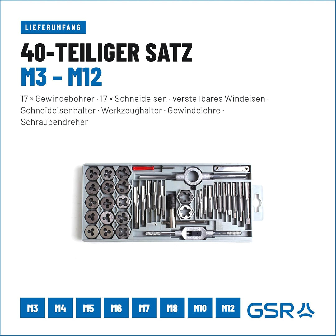 GSR Profi Hand-Gewindeschneider Set, 40-teilig, Gewindebohrer Set M3-M12, Mit Gewindebohrer &amp; Schnei