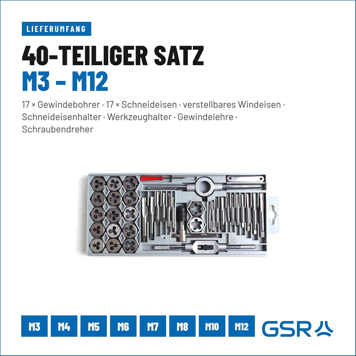GSR Profi Hand-Gewindeschneider Set, 40-teilig, Gewindebohrer Set M3-M12, Mit Gewindebohrer &amp; Schnei