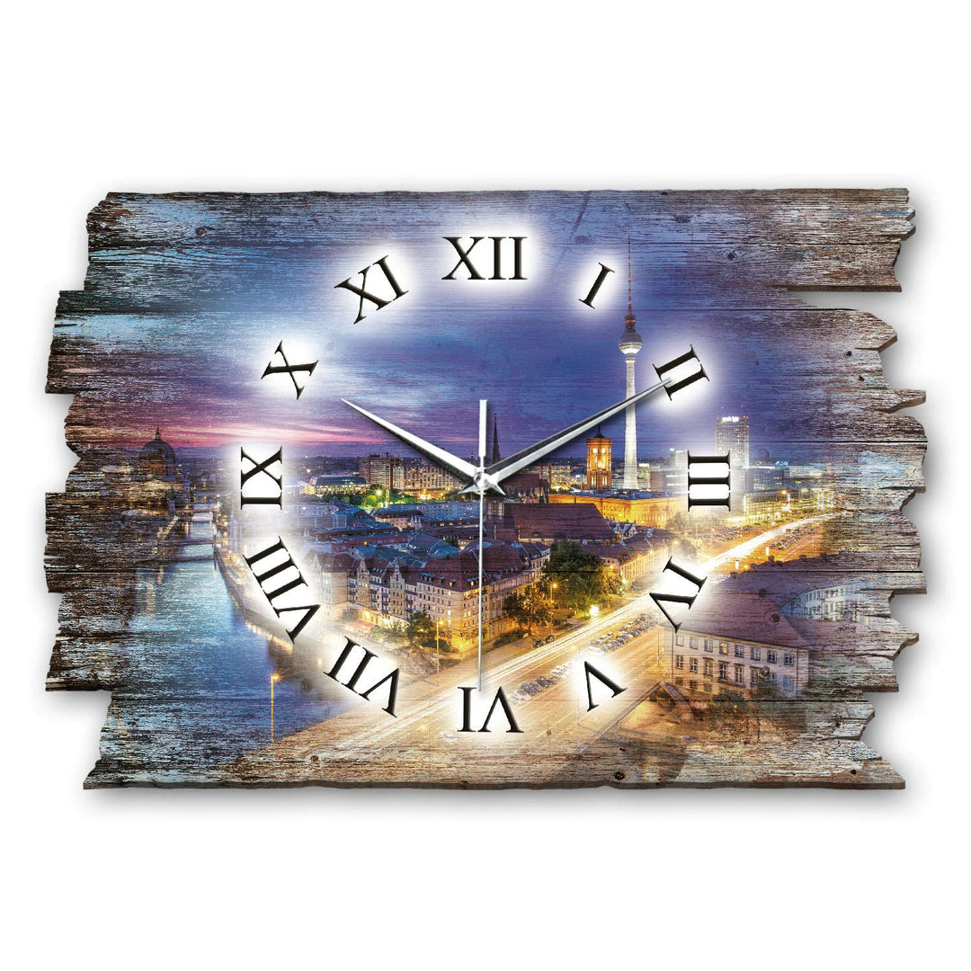 Kreative Feder Berlin bei Nacht Landhaus Shabby Designer Wanduhr Uhr aus Holz *Made in Germany leise