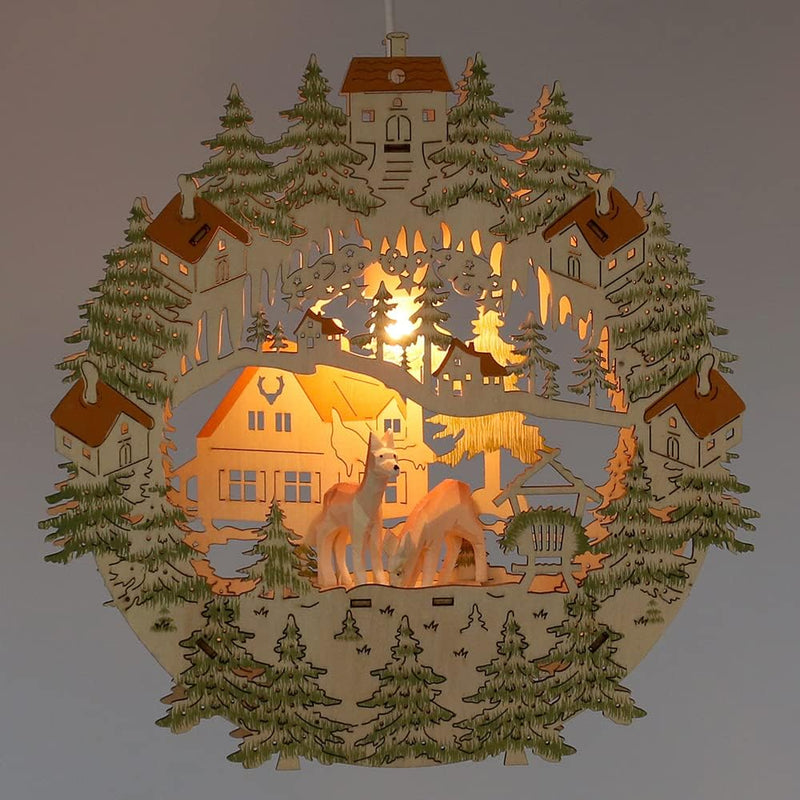 Dekohelden24 Exklusives, beleuchtetes Holz Fensterbild, Motiv: Rehe geschnitzt, 31 cm, Rehe