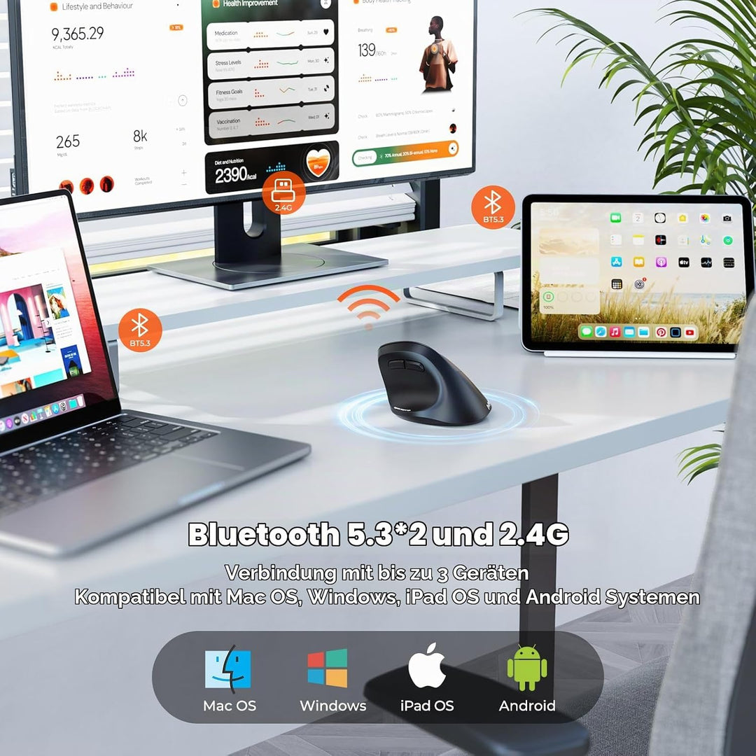 MEETION Neue ergonomische kabellose Maus, vertikale Bluetooth-Maus mit 3 Multi-Geräte-Kopplungen für