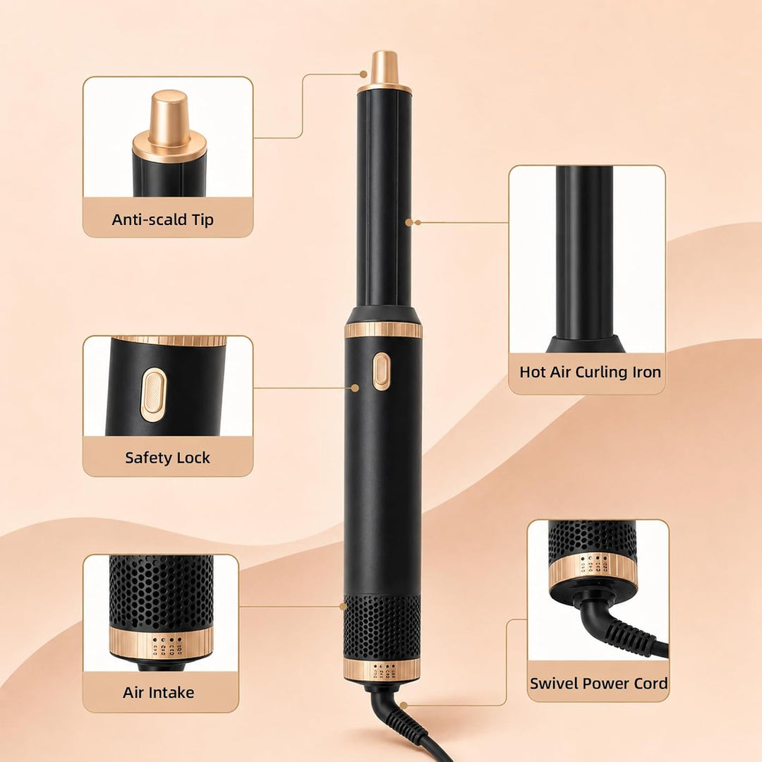 Hairstyler 5 in 1, Multi Haarstyler Heissluft, Föhn mit Lockenaufsatz, Lockenstyler &amp; Glättbürste, A
