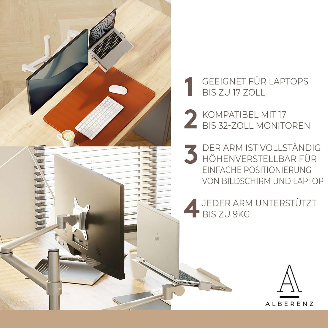 Alberenz® 2-in-1 Laptop- & Monitorhalterung mit Gasfeder, Verstellbarer Doppelarm-Ständer für 12-17"