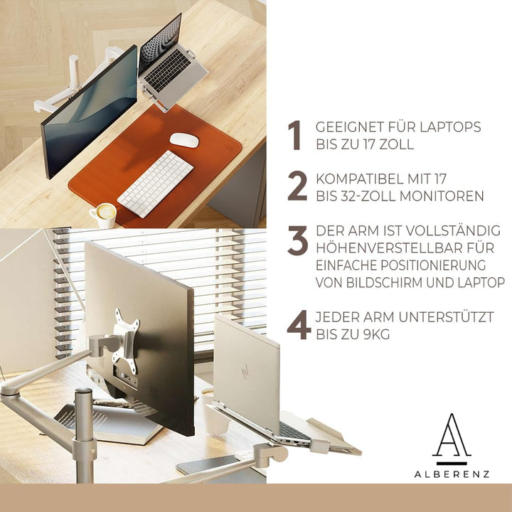 Alberenz® 2-in-1 Laptop- & Monitorhalterung mit Gasfeder, Verstellbarer Doppelarm-Ständer für 12-17"