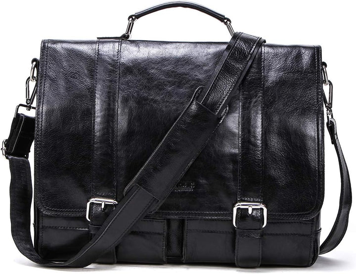 Contacts Echtes Leder 14" Herren Messenger Schultertasche Laptop Aktentasche Schwarz, Schwarz