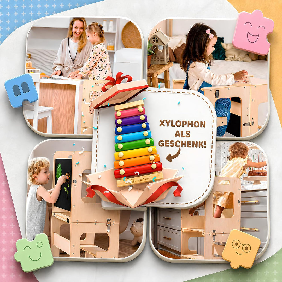 Lernturm ab 1 Jahr Klappbar 3-in-1, Lernturm mit Rausfallschutz | Inklusive Xylophon, Malbuch, Bunts