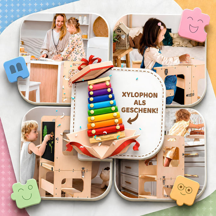 Lernturm ab 1 Jahr Klappbar 3-in-1, Lernturm mit Rausfallschutz | Inklusive Xylophon, Malbuch, Bunts